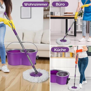 MASTERTOP Набір для миття підлоги з відром, моп з нержавіючою сталею та 3 мікрофібровими накладками, професійний набір для миття підлоги з відром та функцією віджиму - фіолетовий