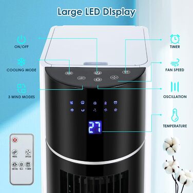 Турбовентилятор 104 см з дистанційним керуванням та водяним охолодженням, 4 в 1: охолодження, зволоження, очищення повітря. Обертання 50°, таймер 12 годин, тихий, для спальні, вітальні, білий