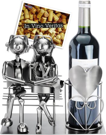 BRUBAKER Bottle Holder Men Loving Couple on Bench - Wine Bottle Holder Silver - Metal Bottle Stand Love - Metal Sculpture Gift for Married Couples with Gift Card (Woman + Man)