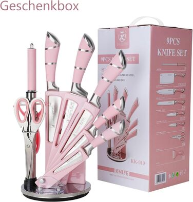 Набір кухонних ножів Justup 9шт з обертовим блоком, рожевий. Набір ножів з нержавіючої сталі з антипригарним покриттям, з точилкою для кухні.