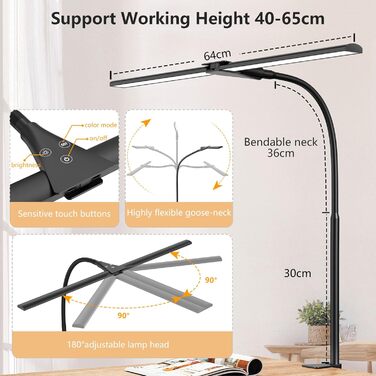 LED Desk Lamp with Adjustable Gooseneck - Dual Head, 1200 Lumens, Eye Protection for Home Office & Study - Black with 5 Color Temperature/Brightness Levels