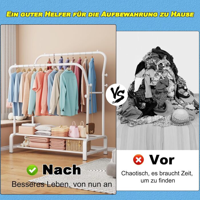 Вішалка для одягу металева подвійна з гачками та полицею для взуття, біла - Stabil