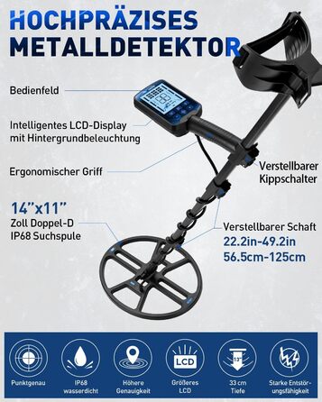 Професійний металошукач Metalldetektor Professional з водонепроникною DD-котушкою 14'' та широким діапазоном сканування, з функцією Pinpoint, глибиною виявлення 33 см, 4 режими, для дорослих, синій