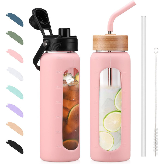 BLUEGO Glass Water Bottle - Sport Water Bottle with 2 Lids and Straw Leak-Proof Glass Bottle with Time Marker and Measuring Scale BPA Free, (Pink, 700ml)