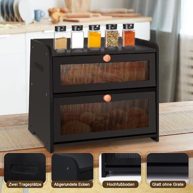 Бак для хліба з бамбука для кухні, 2-шаровий контейнер для домашнього хліба, чорний прямокутний, велика місткість