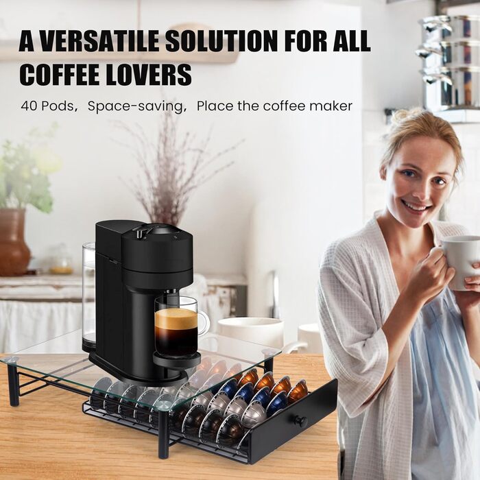 Висувна шухляда для капсул Nespresso Vertuo: органайзер на 40 капсул VertuoLine (1,35/2,7 л) - з безпечного скла, сумісна з Vertuo Next & Plus, розмір 37,5 x 33 x 8,9 см