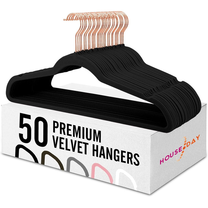 HOUSE DAY 50 Piece Velvet Clothes Hangers Black, Pant Hangers Space-Saving, Suit Hangers, Thin Non-Slip Clothes Hangers, 360° Swivel Hook, Velvet Hangers for Clothes, Tank Tops, Heavy Clothes - Black