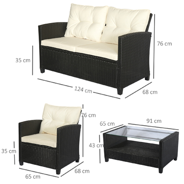 Outsunny 4-Piece Patio Furniture Set with 3 Sofas, Side Table, Cushions, and Aluminum Frame with Rattan-Like Wicker Finish in Black