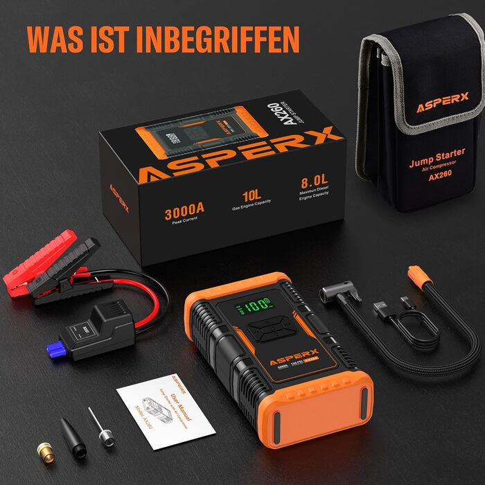 Powerbank з компресором ASPERX Starthilfe: 150PSI, 3000A, LED ліхтарик, для 12V авто, мото, SUV (до 10L бензину або 8L дизеля)