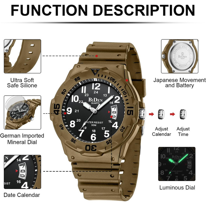 HANPOSH чоловічий годинник: аналоговий кварцовий годинник для чоловіків з датою, водонепроникний 50M, стильний дизайн, силіконовий ремінець (06- Khaki Schwarz)