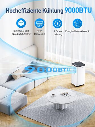 Мобільний кондиціонер Klimaanlage 9000 BTU 3-в-1: охолодження, осушення, циркуляція повітря, LED дисплей, пульт, таймер, тихий, енергоефективний, для приміщень до 88 м³