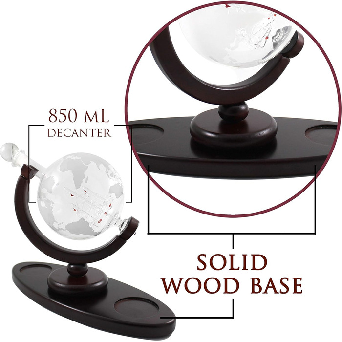 Globus Decanter Gift Set. Includes a wooden base, 2 glasses, 2 coasters, a shot glass, and a funnel. This whiskey decanter and glasses set is the perfect gift.