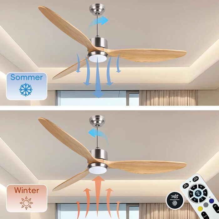 Стеляний вентилятор Ovlaim з освітленням та пультом керування, тихий DC мотор, 3 лопаті, Smart, для вітальні/спальні, натуральний & сріблястий (Burlywood/Silver, 165 см)