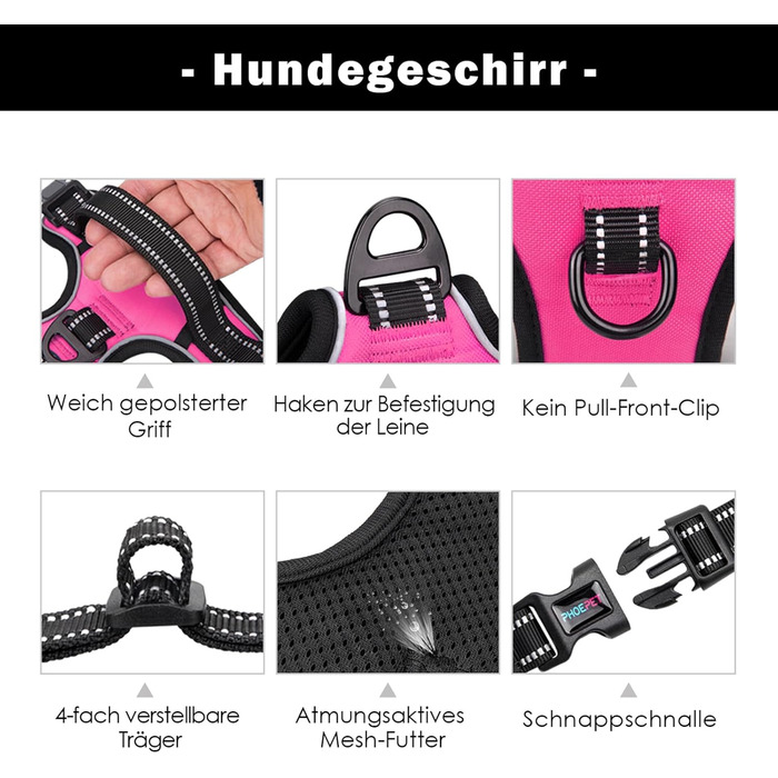 Шлейка для собак PHOEPET регульована, рожева, для прогулянок, з карабіном, світловідбиваючими смугами та контрольною ручкою (M)
