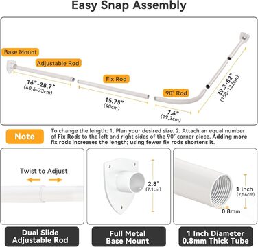 Штанга для душу L-подібної форми, регульована, з 12 кільцями та опорою для стелі, для ванни/ванної кімнати, білий, 60-130см x 60-130см