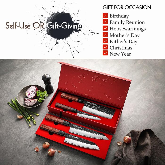 Ніж кухарський Santoku HEZHEN 18,5 см, сталь Дамаск, японський стиль Gyuto, дерев'яна рукоятка