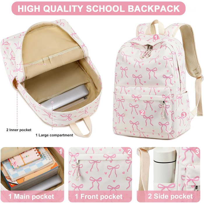 Шкільний рюкзак LOIDOU для дівчаток та хлопчиків підліткового віку. Легкий, водонепроникний, для школи, подорожей, коледжу. Колір: коричнево-білий у клітинку (рожева зав'язка).