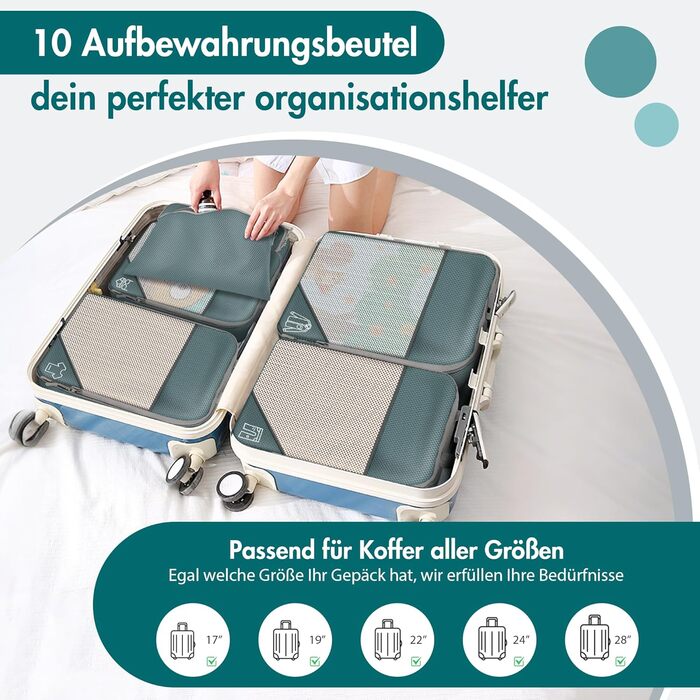 Органайзер для валізи, 9 шт. Комплект компресійних пакувальних кубів з чохлом для взуття, водонепроникні та дихаючі, сірі