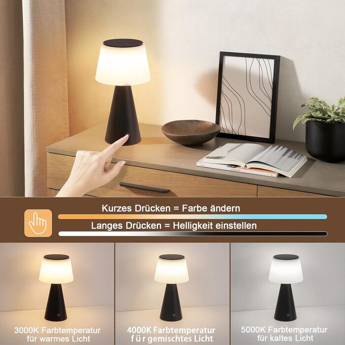 Настільна лампа акумуляторна LED 2 шт. чорна - бездротова, сенсорна, з USB зарядкою для спальні, вітальні, вулиці (3600mAh)