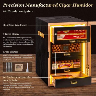 Гумодор для сигар, настільний з цифровим гігрометром, зволожувачем та пакетами для вологи. 4 висувні ящики з кедрової деревини, вміщує до 200 сигар (чорний)
