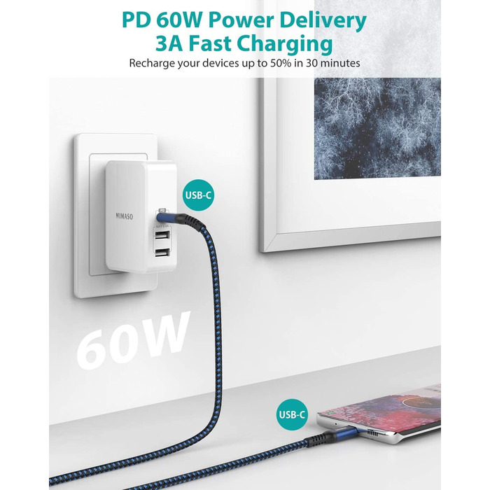 Кабель USB-C Nimaso [2 шт., 2м], 20V/3A/60W, для Samsung, Google Pixel, MacBook, iPad, iPhone, блакитний