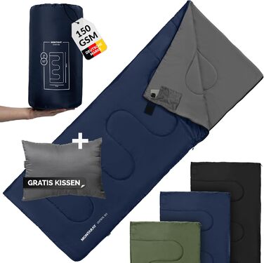 Montaray® Hooded Sleeping Bag -3°C - Outdoor Winter & Summer Sleeping Bag for Men & Women - 3-4 Season Hut Sleeping Bag (75 x 220 cm) - Blue, 150GSM