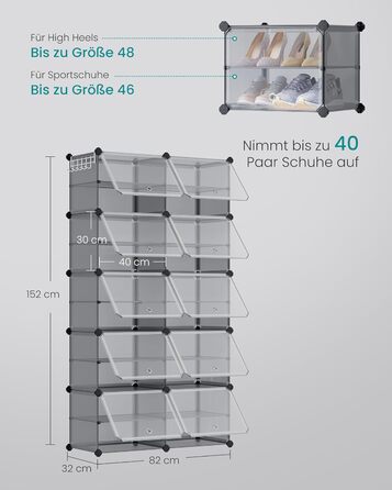SONGMICS 10-Tier Shoe Rack, Shoe Cabinet, 30 x 40 x 30 cm per compartment, narrow, with doors, steel frame, plastic, for hallway, bedroom, entrance area, LPC035B01 (10 tiers (83B x 156H cm), Slate Grey)