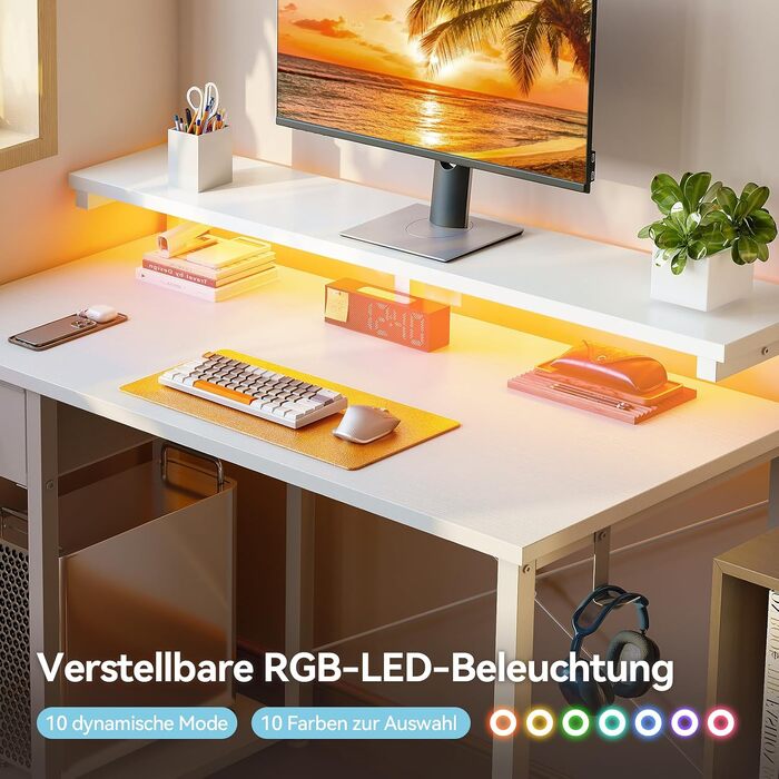 Ігровий стіл Coleshome з LED-підсвіткою та підставкою для монітора, 100×45 см, білий
