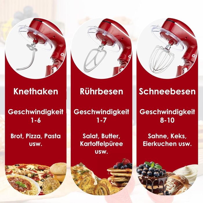 Кухонна машина Küchenmaschine 6 л, 1300 Вт, 10+ швидкостей, з набором насадок (міксер, гак для тіста, вінчик), темно-зелений/червоний