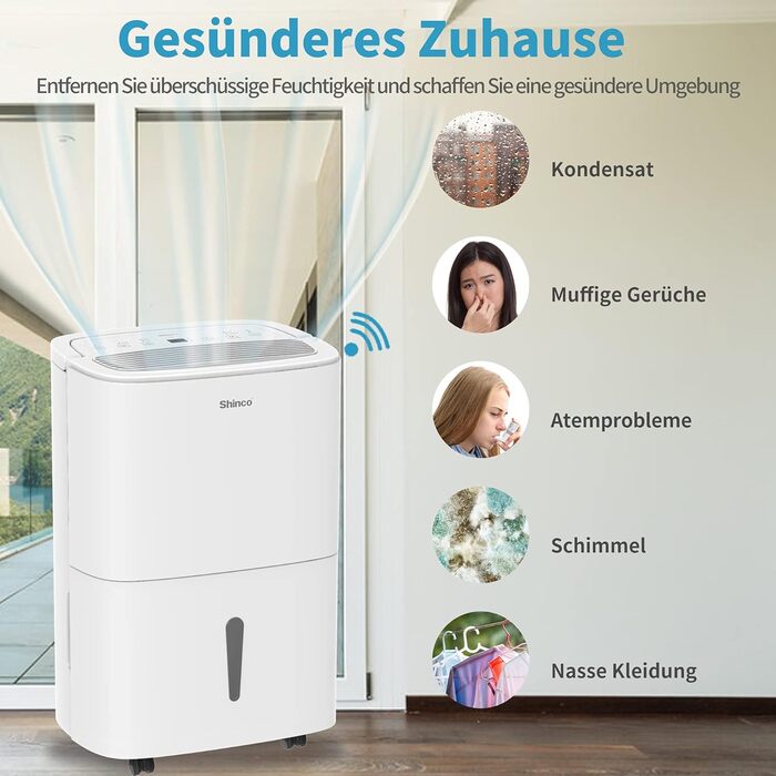 SHINCO 30L Електричний осушувач повітря з Wi-Fi, 105 м³, 5L бак, таймер, фільтр, безперервний злив (SDZ1-30D-M)