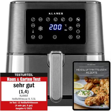 Фритюрниця KLAMER 5,5 л XXL без олії, 1700 Вт, аерофритюрниця з LED-екраном, цифровою німецькою книгою рецептів, багатофункціональна міні-фритюрниця з нержавіючої сталі