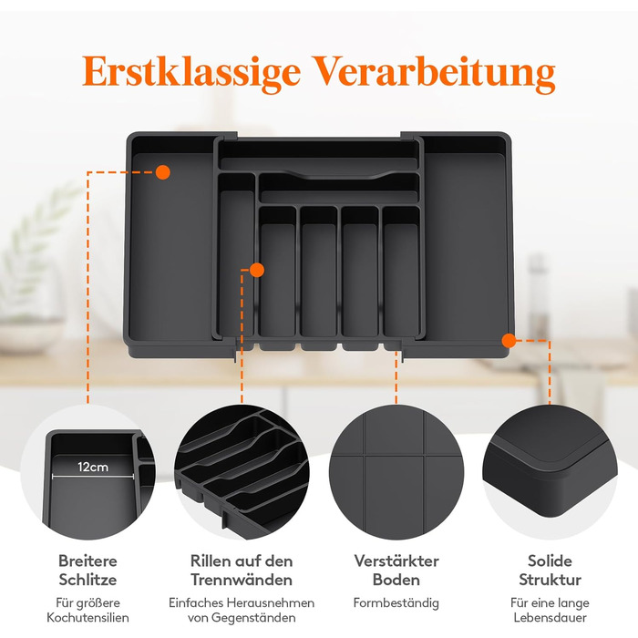 Lifewit Small Cutlery Organizers for Drawers, Expandable Cutlery Insert for Kitchen Drawers, Adjustable Cutlery Box Plastic Cutlery Spoon Fork Knife Holder, 2-Pack, Black