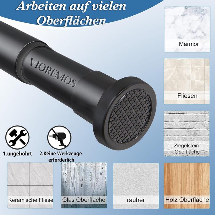 Штанга для душу без свердління 73-224 см, висувна штанга для ванної кімнати, чорна