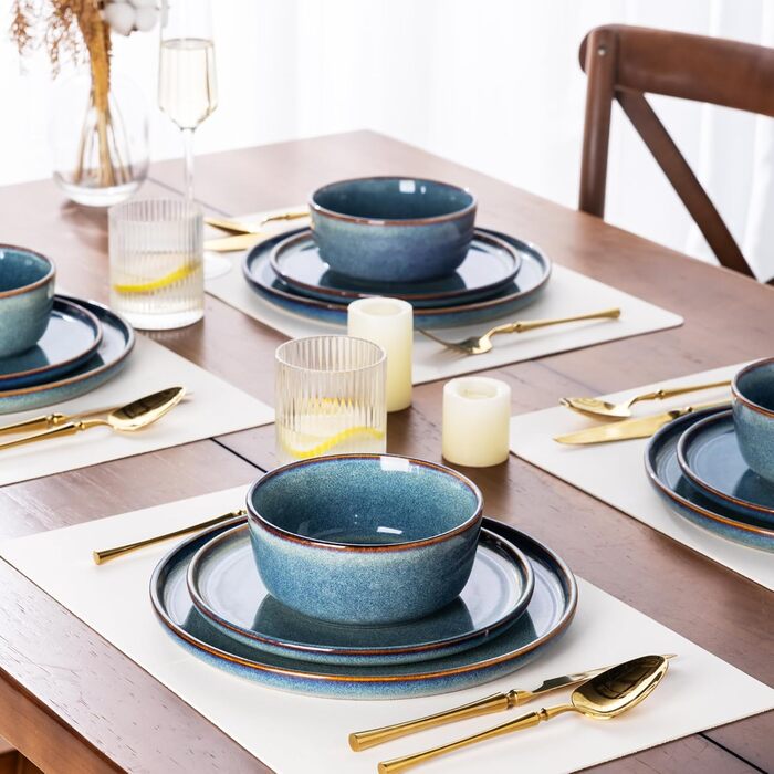 Набір посуду AmorArc Ceylon Blue для 8 осіб (24 елементи): тарілки та миски, кераміка, реактивна глазур