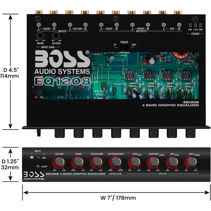 Boss Audio EQ1208 підсилений 4-смуговий еквалайзер з регулюванням сабвуфера, попередній підсилювач для авто
