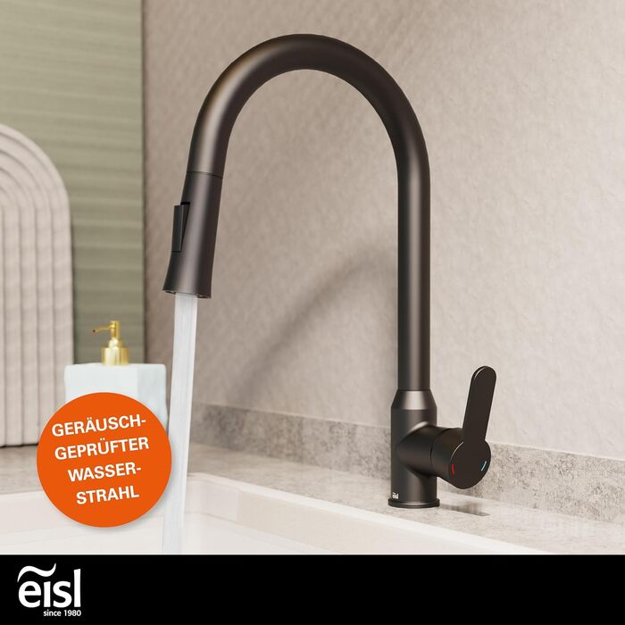 Кран кухонний гнучкий EISL Flexo з нержавіючої сталі/чорний, 360° обертання, високий вилив, Soft-Touch шланг, 2 функції, NI186FLNIB