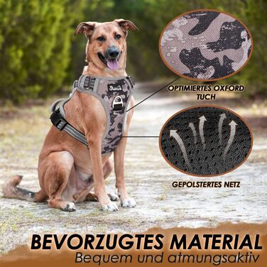 Шлейка для собак великих порід, анти-тяга, з 2 карабінами та зручною ручкою, регульована, світловідбиваюча, з м'якою підкладкою (L), колір: Tarngrau