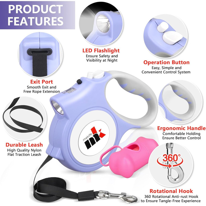 Висувна собача повідка з LED-підсвіткою, 5 м, з пакетиками для збору екскрементів, для собак малого та середнього розміру до 25 кг, система гальма та фіксації, ергономічна ручка (фіолетовий)