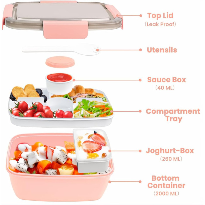 Ланчбокс Bugucat 2000 мл (2 шт.) - чорний та рожевий, з відділеннями, для дорослих та дітей, з виделкою