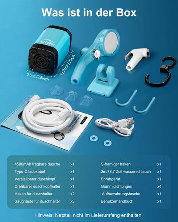 Портативна душова кабіна для кемпінгу AUTOPkio з акумулятором 4500mAh, водонепроникна IPX7, з дисплеєм, для відпочинку на природі, подорожей, миття автомобіля та тварин (блакитна)