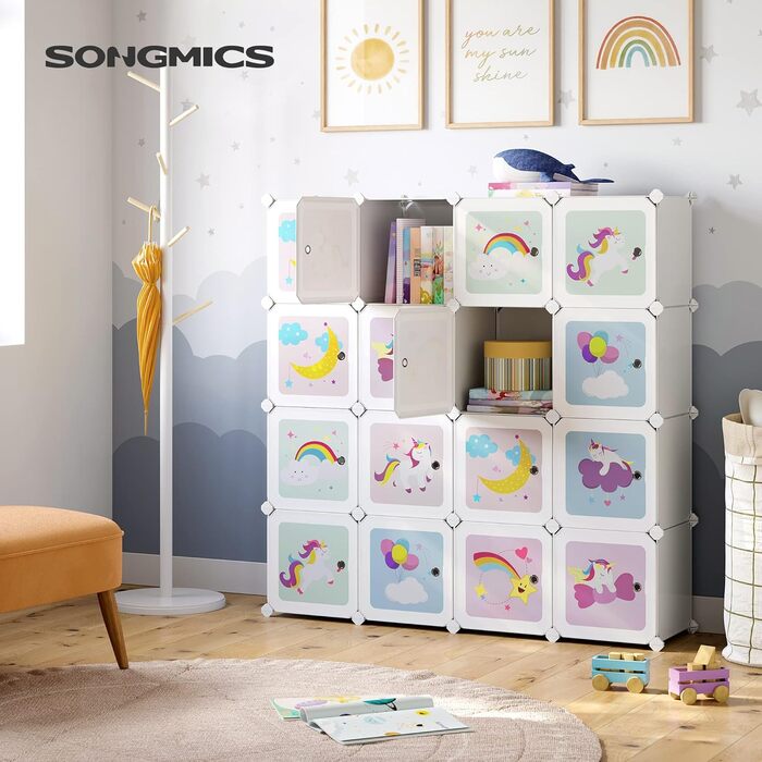 SONGMICS Регалосистема з 16 відсіків, шафа для зберігання дитячих речей, комод для іграшок, полиця для взуття, пластиковий стелаж, багатоцільовий, 123 x 31 x 123 см, LPC906P01 (Білий)