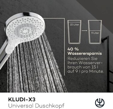 KLUDI-X3 Universal Shower Head with Hose, optional shower spray, water-saving with 3 spray patterns (Body, Hair, Skin), easy-to-clean shower head Ø 11.7 cm, shower hose 1.60 m