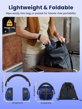 Навушники для захисту від шуму Dr.meter SNR 31dB, капсульні, регульовані, комфортні для дорослих, складаються, для будівельних робіт, саду та городу (темно-синій)