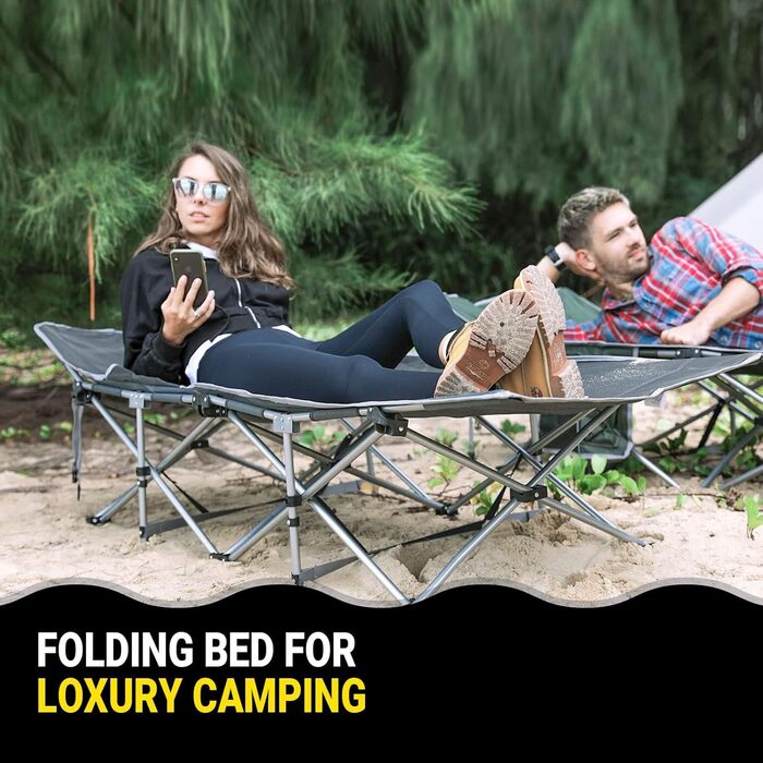 Розкладне ліжко для кемпінгу KingCamp - легке, портативне, з кишенею, 190x67 см, чорно-сірий годинниковий візерунок