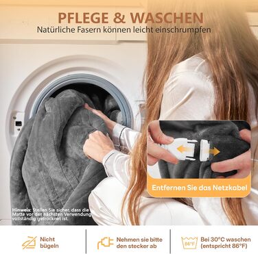 Електрична ковдра JUMMICO Kuschel-Heizdecke 180x130 см, тепла та м'яка - 6 режимів нагріву, таймер 12 годин, пральна, для дивана, ліжка, офісу, сіра