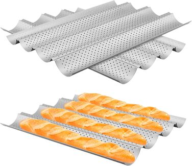SYUTBOU 3-Piece Baguette Baking Pan, 4-Cavity, 38 x 33 x 2.4 cm Carbon Steel Baking Sheet for Baguettes, 4-Mold Baguette Pan with Non-Stick Coating, Baguette Pan Bread Mold Baguette Pan for 4 Baguettes