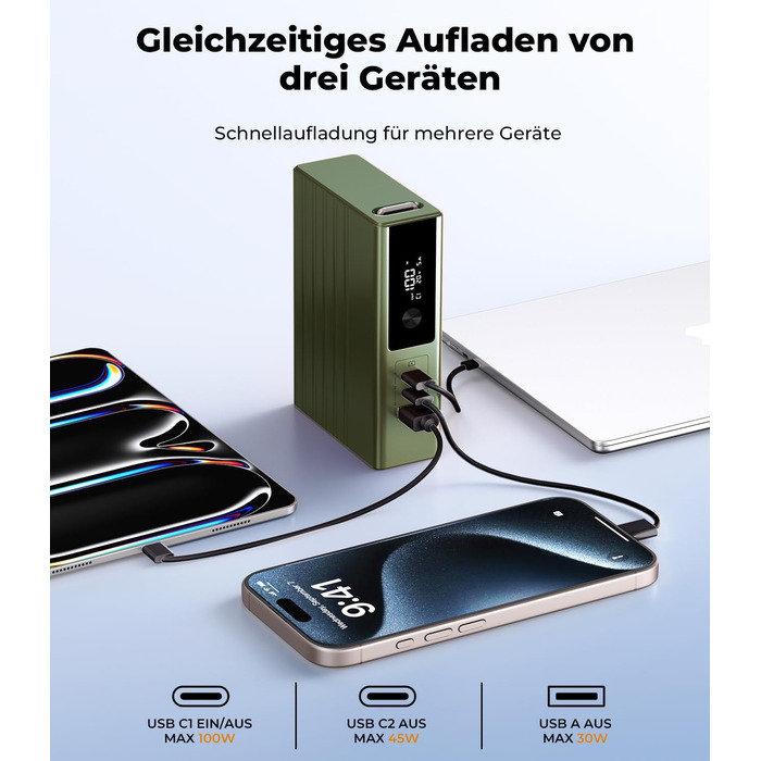 Power Bank KU XIU 25000mAh 100W з 3-портом, LCD-дисплеєм, PD 3.0 для MacBook, iPhone, Galaxy, iPad (Зелений)