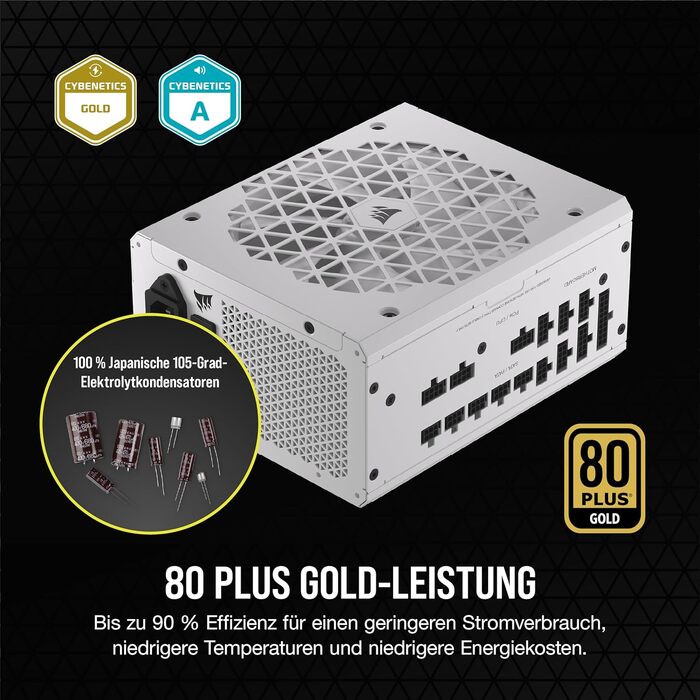 Блок живлення Corsair RM1000x Shift 1000W White, ATX 3.1 & PCIe 5.1, 80 Plus Gold, повністю модульний, бічний інтерфейс підключення, Zero RPM