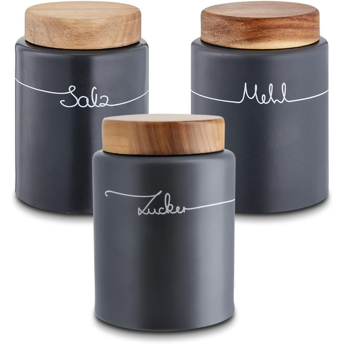 Набір контейнерів для зберігання KHG для кухні антрацитово-сірого кольору з дерев'яними кришками, контейнери для продуктів з кераміки, з маркуванням, набір органайзерів для кухні, без пластику та світлонепроникні (набір для борошна, солі, цукру)