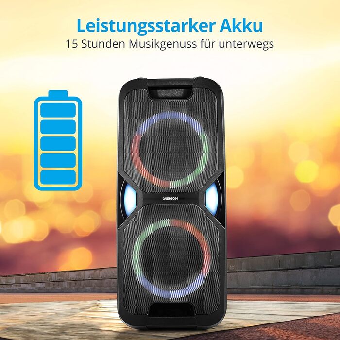 MEDION Party-Soundsystem P67038: караоке-система з LED, Bluetooth 5.0, USB, AUX, 2 мікрофони, 220W
